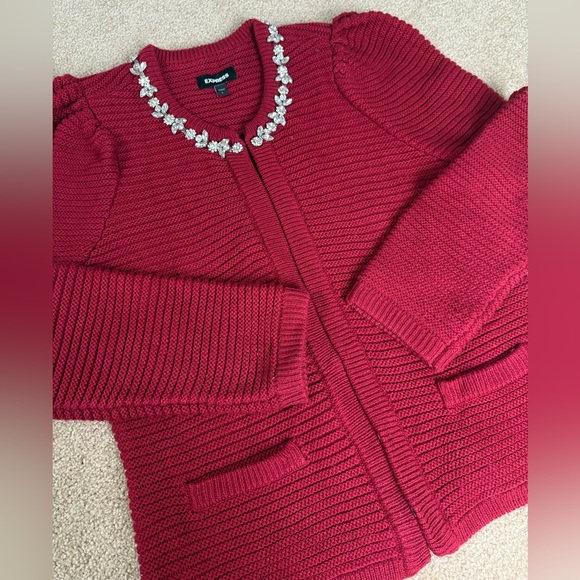 Express Red Jewel Embellished Holiday Christmas Cardigan Sweater Women’s L‎ - Picture 6 of 11